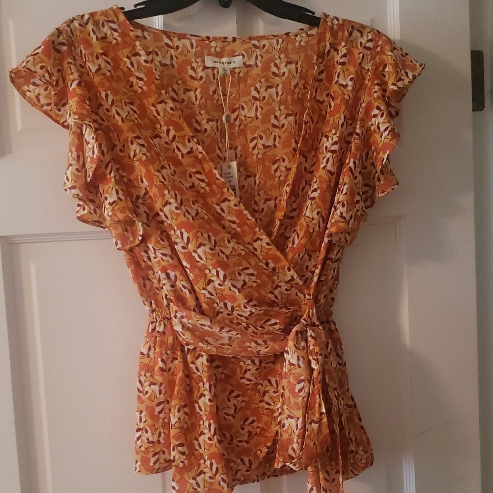 Max Studio Orange Floral Wrap Blouse